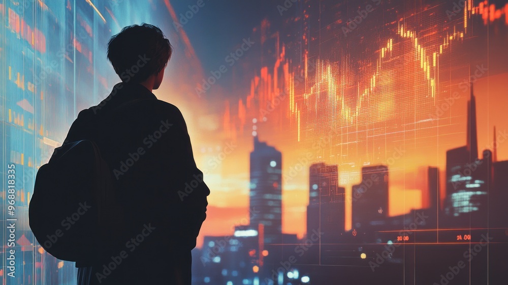 Poster silhouette of a person looking at a cityscape and data visualization