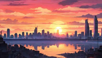 Cityscape at Dusk with Reflective Lake