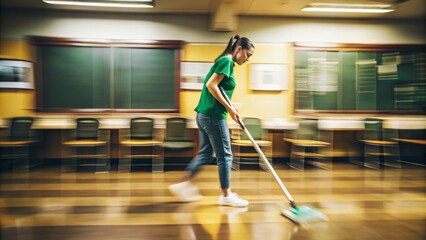 School custodian ensuring cleanliness in classroom environment for effective learning