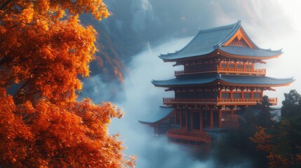 Obraz premium Red-Leafed Tree and Foggy Pagoda in a Mountainous Setting
