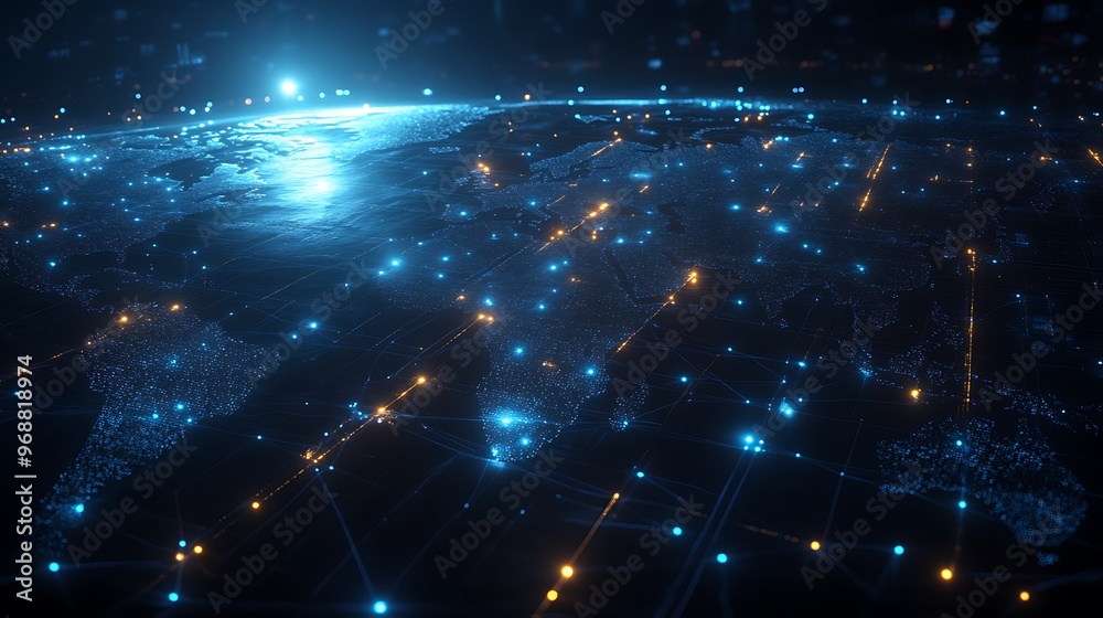 Poster a digital representation of the earth with glowing lines and dots