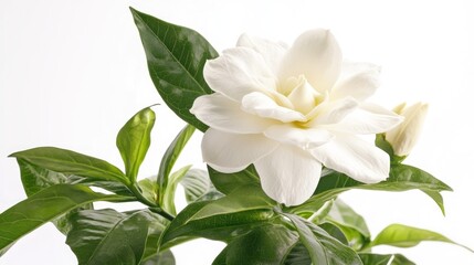 Obraz premium A close-up of a white gardenia flower with lush green leaves.