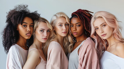 Fototapeta premium Five diverse models pose together in soft pastel attire against a neutral background during a fashion shoot