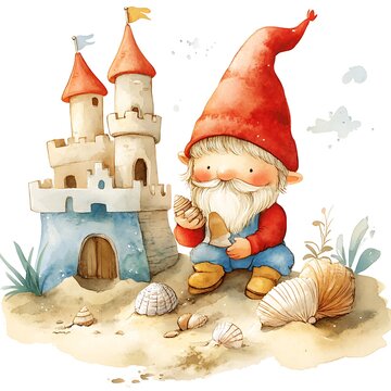recommend clip art: Watercolor Illustration of a Gnome Sitting Beside a Sandcastle with Seashells.
