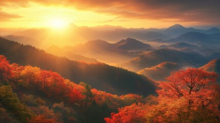 Naklejka premium Golden Sunrise Illuminating Autumnal Mountain Range