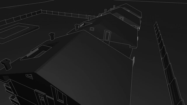 Generic Slopped roof Villa mansion Complex, Seamless Looped Rotating animation, black linework blueprint