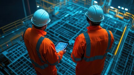 Two engineers in helmets analyze blueprints using a tablet in a high-tech industrial environment, projecting future construction plans.