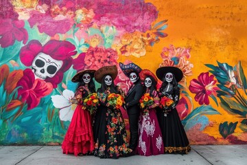 Fototapeta premium A vibrant celebration of D?a de los Muertos with five women in traditional attire against a floral mural.