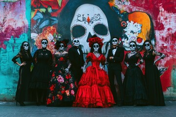 A group of people in traditional attire with skull face paint poses against a colorful mural.