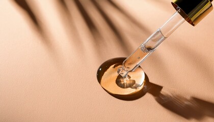 close up of pipette with pouring liquid serum and shadows on beige background. beauty skincare gel