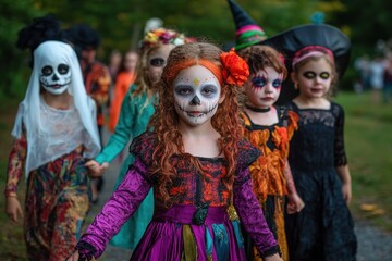 Obraz premium Children dressed in Halloween costumes, portraying a festive and spooky atmosphere.