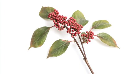 A branch with red berries and green leaves against a white background.