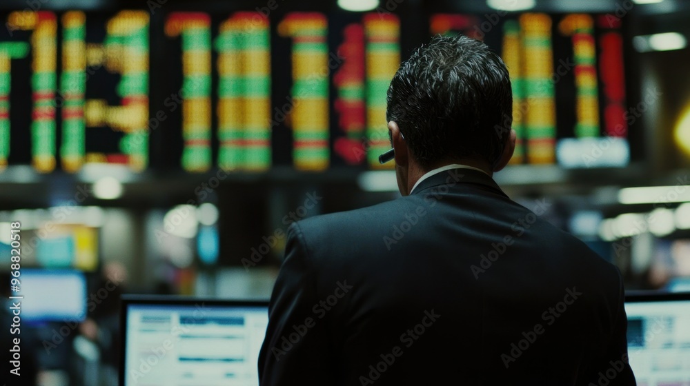 Poster Man in Suit Standing in Front of a Stock Ticker