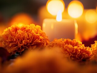 A serene arrangement of marigold flowers and a lit candle, evoking warmth and tranquility.