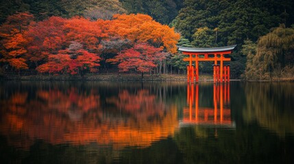 Fototapeta premium Red Torii Gate and Autumn Leaves Reflected in Still Water