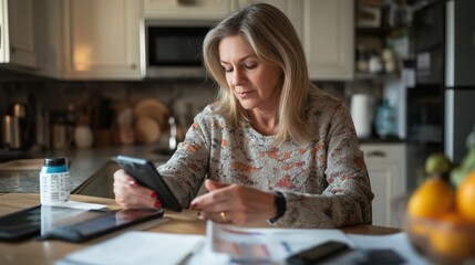 Middle-aged woman managing diabetes at home by checking blood sugar levels and logging readings on a smartphone