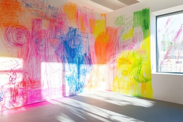 A pastel colored masterpiece of doodles and scribbles on the wall  the creative work of a child