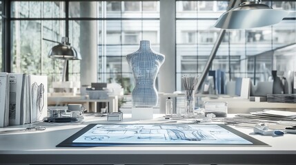 A contemporary workspace showcasing a digital drawing tablet with AI-generated fashion designs and creative materials