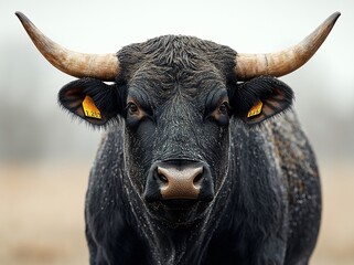 Naklejka premium Black Angus Bull with Horns Close Up Portrait