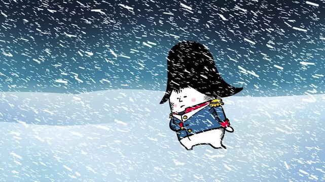 Napoleon cartoon walking in winter snow blizzard. Walking loop seamless emperor in frost character animation. Metaphor symbol icon good for any 4k video. From winner to looser symbol of man.
