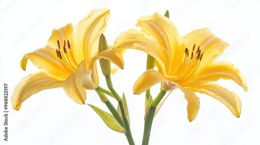 Wall mural two vibrant yellow lilies with delicate petals and green stems against a bright background.