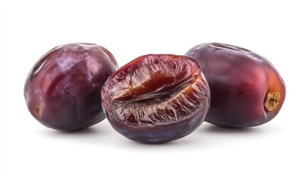 Obraz premium Three ripe plums, one cut in half, showcasing their juicy interior and rich color.