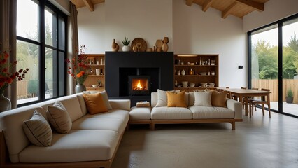 Modern Living Room with Fireplace and Sectional Sofa