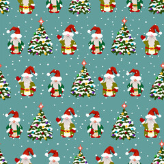 Gnomes and Christmas trees.Vector pattern with gnomes and decorated Christmas trees on a colored background with snow.