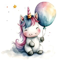 Fototapeta premium Cute Unicorn with Balloon Watercolor Clipart