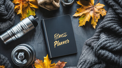Autumn-inspired fitness planner flat lay surrounded by leaves and wellness items for mindful exercise routines