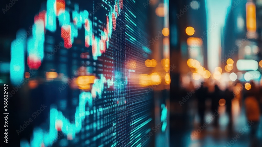 Poster stock market data display with city lights in the background