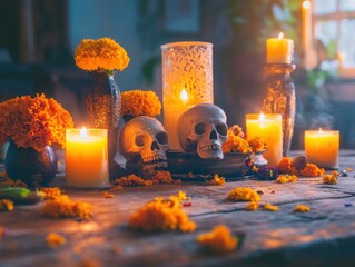 A serene altar with candles, skulls, and marigold flowers, evoking a celebration of life and death.