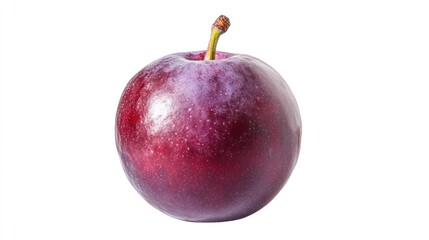 Obraz premium A single, shiny red plum with a green stem on a white background.