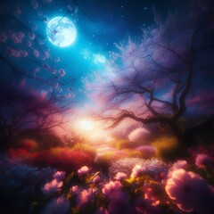 Obraz premium Under a brilliant starry sky, this enchanting image captures a beautiful garden filled with blossoming flowers.