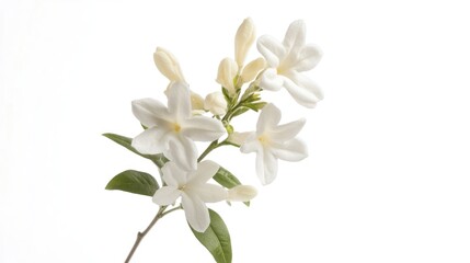 A delicate branch of white flowers with green leaves against a light background.