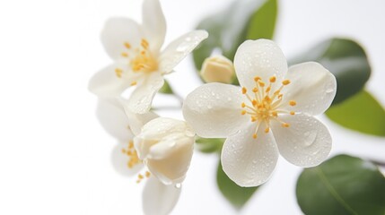 Obraz premium A close-up of delicate white flowers with droplets, showcasing natural beauty and freshness.
