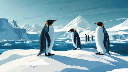 Fototapeta premium Frosty Encounter Penguins Roaming Icy Terrain
