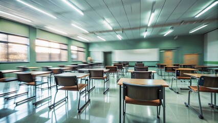 Serene empty classroom with wooden desks and green walls for educational themes