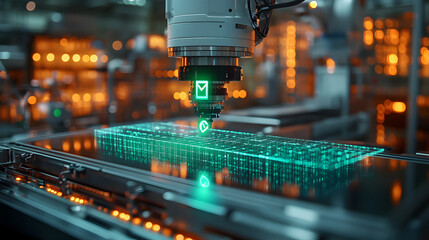 Fototapeta premium Advanced machinery with a holographic interface processing a green grid in a futuristic industrial setting with glowing details.