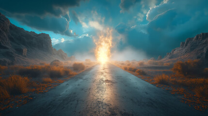 A deserted road leading to a portal in the sky, symbolizing a journey into the unknown