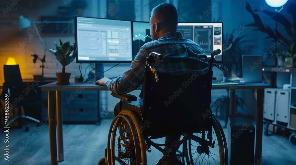 Poster A man in a wheelchair is sitting at a desk with two computer monitors