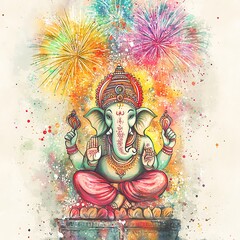 Obraz premium Watercolor Painting of Ganesha with Fireworks.
