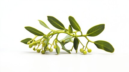 Obraz premium A branch with green leaves and small buds against a white background.