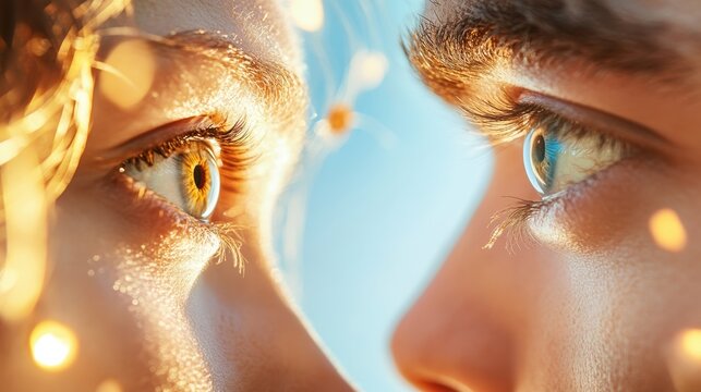 Two people making eye contact, sharing a meaningful connection.