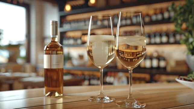 Two glasses containing white wine are placed on a wooden table top, in the background is a stylish restaurant counter. Generative AI.