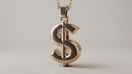 A realistic dollar sign pendant with shiny metallic texture on a clean white background.