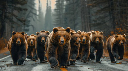 A group of grizzly bears on the highway. Generative AI.