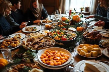 Obraz premium Family Gathered Around Beautifully Set Dining Table for Thanksgiving Feast and Festive Meal