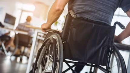 Obraz premium A man in a wheelchair sits in a room with a desk and a computer