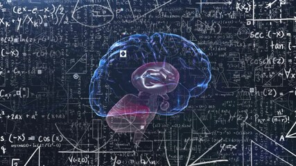 Animation of mathematical data processing and human brain over black background